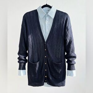 J.Crew Navy 100% Linen Cable Knit Button Cardigan Sweater Pockets Lightweight M
